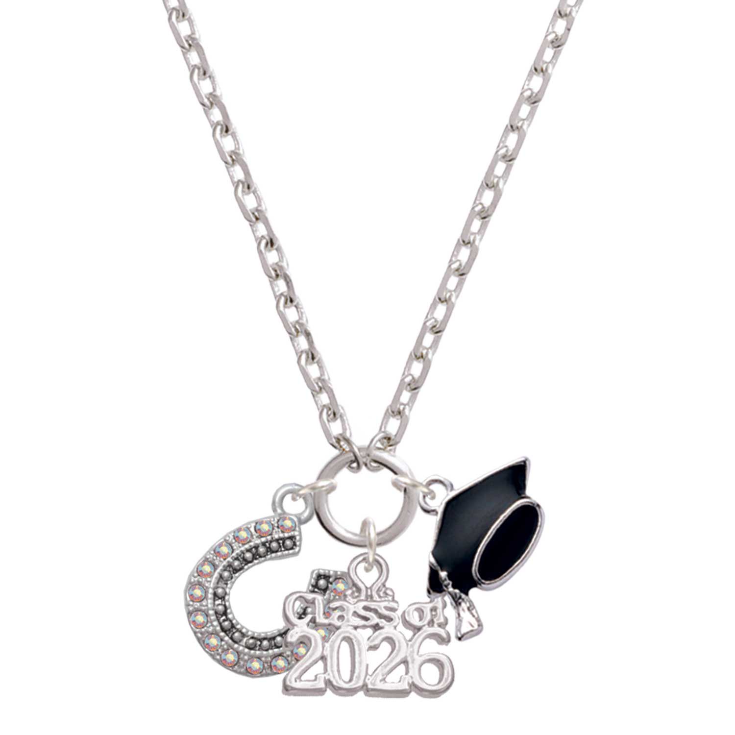Delight Jewelry Silver-tone Beaded Clear AB Crystal Horseshoe with Good Luck - Class of 2026 Graduation Zoey Charm Necklace, 28"