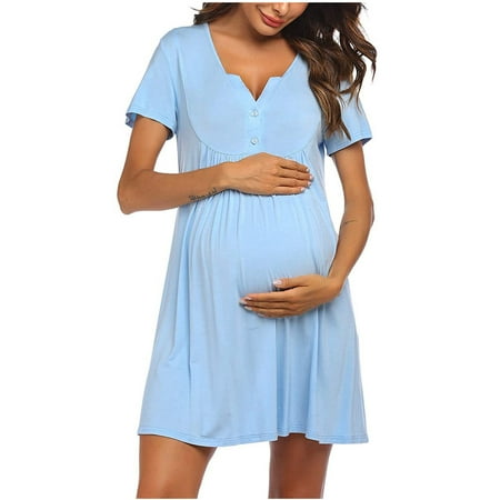 

Bescita O-Neck Solid Buttons Short Sleeve Pregnant Woman Dress Maternity Dress