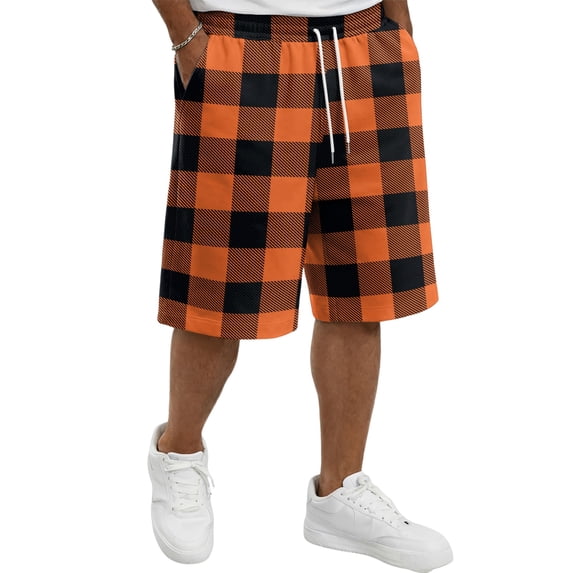 Casual Shorts for Men Knee Length Plaid Bermuda Shorts Lounge Beach Vacation Drawstring Wide Leg Pants with Pockets Orange S