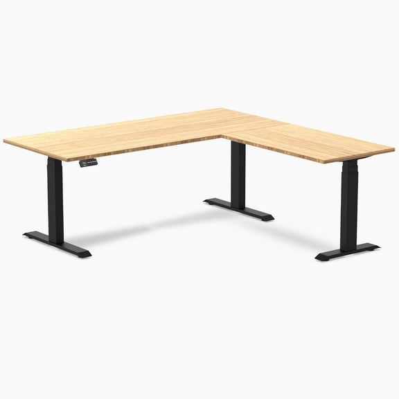 Desky Bamboo L-Shape Sit Stand Desk - Bamboo / 72 X 30 X 70 X 24 Inches / Matte Black