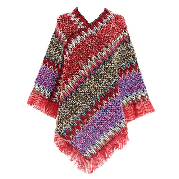 SWSMCLT Women's Boho Poncho Sweater Zig Zag Knit Winter Fall Hippie Soft Convertible Tassel Fringe Crochet Shawl Asymmetrical Cape Pullover Adult Mexican Aztec Poncho Wrap Red One Size