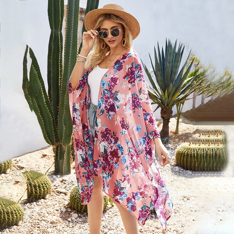 Dcenta Women Floral Loose Kimono Cardigan Open Front 3/4 Sleeves Scarf Oversized Bohemian Holiday Bikini Cover Ups Beachwear, Women's, Size: Medium,