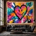 thumbnail image 6 of Crowned Smiley Heart in Pink Teal and Yellow Brushstrokes, Playful Abstract for Graffiti Fans, Colorful City Decor, Housewarming Gift, Tapestry Wall Hanging for Bedroom and Studio, 6 of 7
