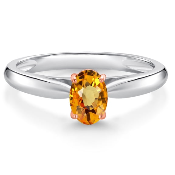 Gem Stone King 925 Sterling Silver and 10K Rose Gold Prongs Yellow Sapphire Solitaire Engagement Ring for Women (0.62 Cttw, Oval 6X4MM, Gemstone September Birthstone, Available in Size 5, 6, 7, 8, 9)