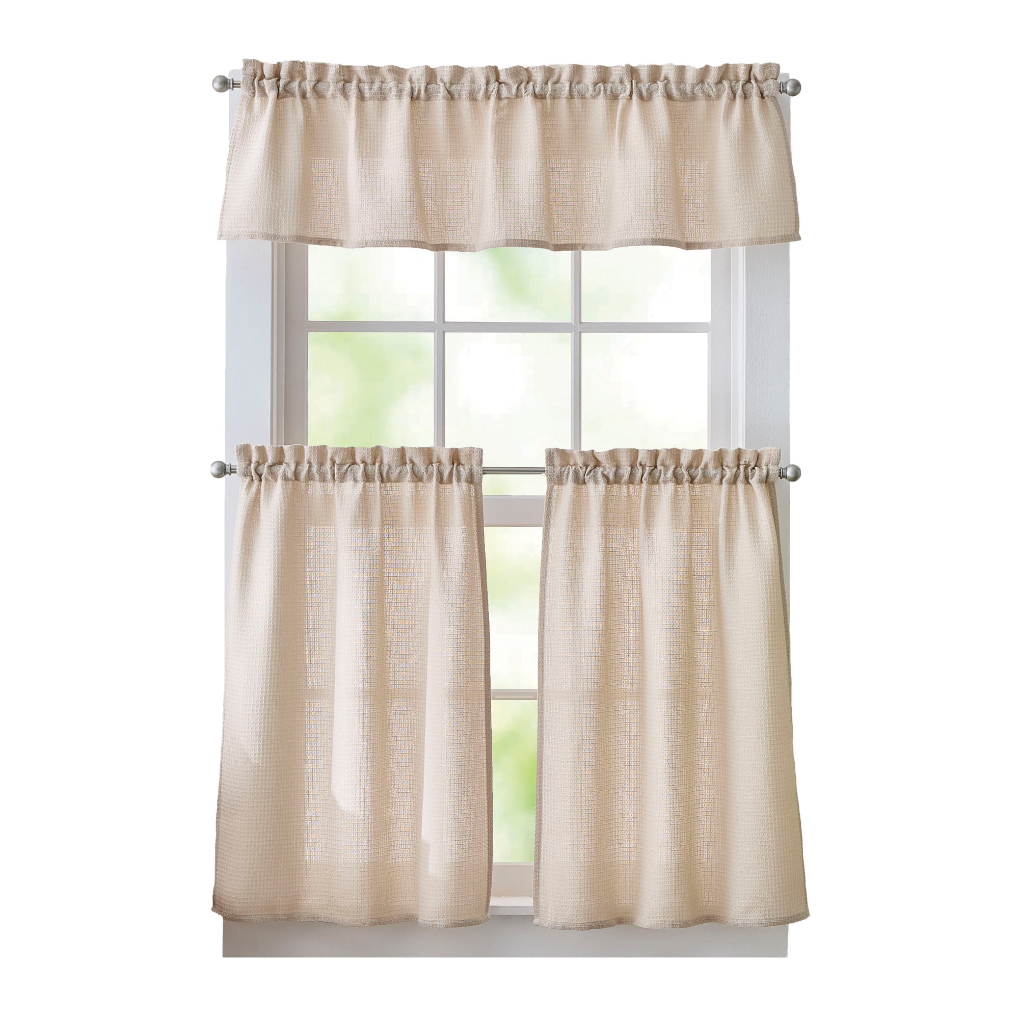 Curtainworks Eldridge Waffle 3 Piece Valance and Tier Set Linen, Indoor, Pole Top, 58" x 14", Adult