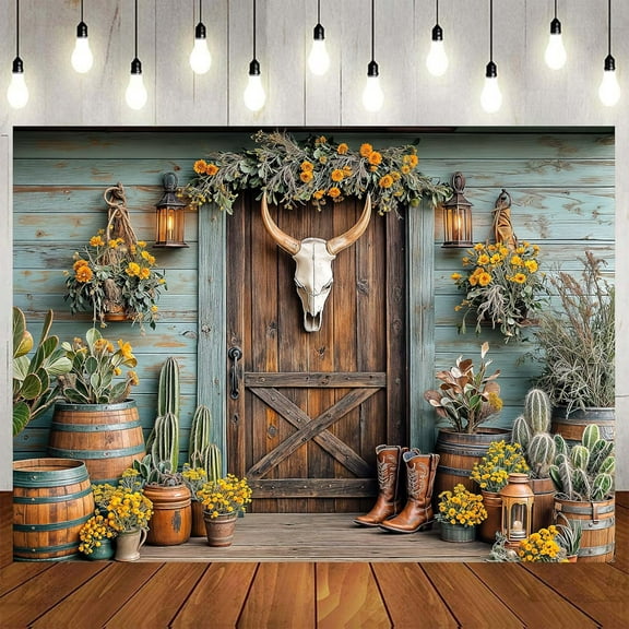 5x3ft Western Cowboy Backdrop for Photography Rustic Wooden House Barn Door Vintage Western Photoshoot Wild West Saloon Cow Skull Party Decorations Banner Background Cowboy Family Photo Props