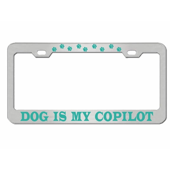 Dog is My Copilot Style Heavy Duty Metal License Plate Frame Personalise/Car Accessories Car Tag Holder Cover (Chrome/Turquoise)