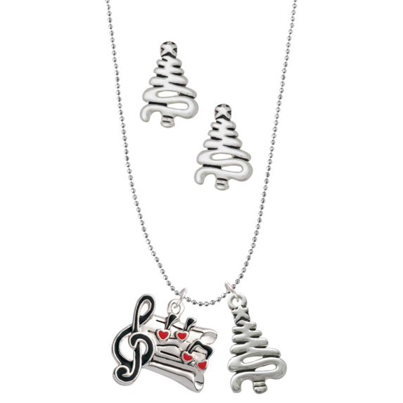 Delight Jewelry Silvertone Music Sheet with Hearts Silver tone Zig Zag Christmas Tree Charm Necklace and Stud Earrings