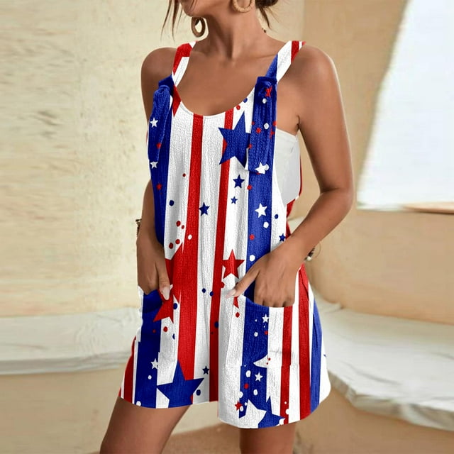 WILLBEST Combinaison Décontractée d'Été pour Femmes Sans Manches à Bretelles Réglables Salopettes Drapeau Patriotique Tenue Confortable avec Poches
