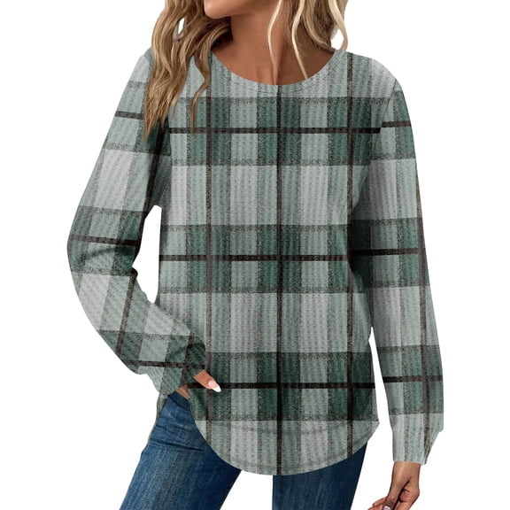 Kixjoy Womens Long Sleeve Tops Plus Size Casual Crewneck Tunic Top Plaid Waffle Knit Loose Fit T Shirts Fashion Fall Blouses for Women, Green XXL
