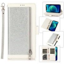 Feishell Sparkle Case For Samsung A12 5G, Women Wallet with Card Holder, Glitter Bling Flip PU Leather Magnetic Kickstand Zipper Purse Case Wrist Strap for Samsung Galaxy A12 5G, silver