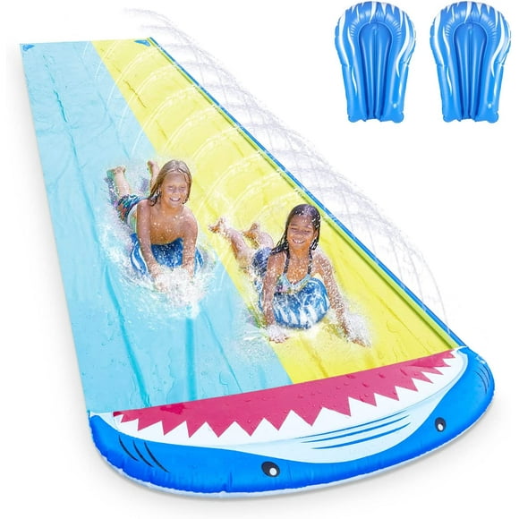 Water Slide Mat, 4.8 x 1.4M Shark Shape Double Inflatable Pool Slide,Water Mat with 2 Boogie Boards,Outdoor Garden Lawn Water Slip and Slide