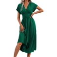 thumbnail image 4 of Womens Solid Color Overlap V Neck Batwing Sleeve Waist Pleated Long Elegant Dress Maxi Green XL, 4 of 10