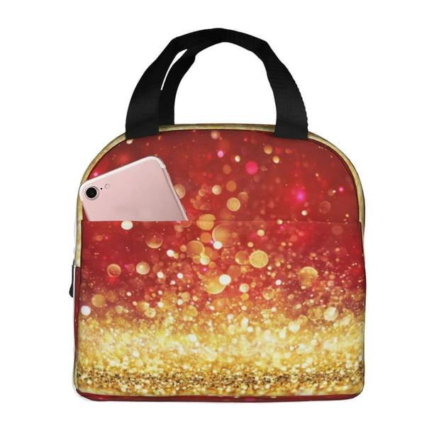 Easygdp Red Gold Glitter Bolsa Térmica Premium - Tela Oxford Impermeable, Gran Capacidad, Bolsillo Frontal, Unisex para Trabajo, Escuela, Actividades al Aire Libre y Picnics