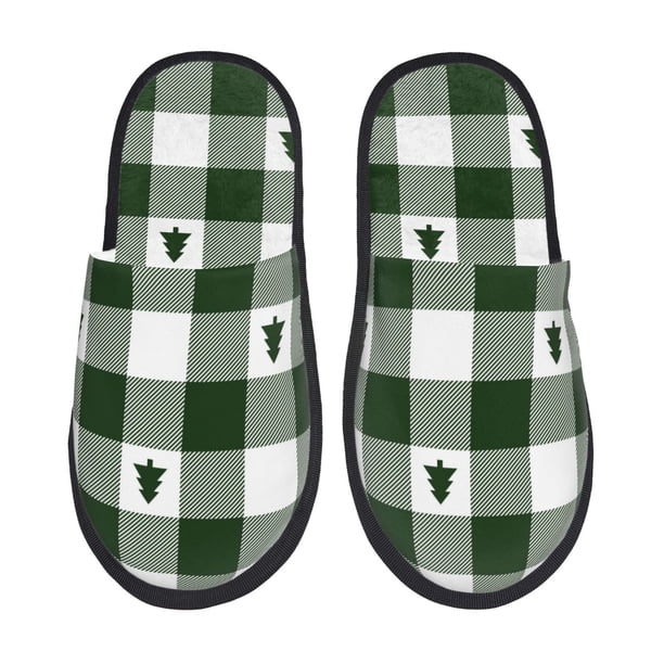 Fotbe Green White Lumberjack Plaid Pantuflas Peludas para Mujer con Estampado, Zapatillas de Peluche, Zapatos de Invierno para Casa, Uso Interior y Exterior-Large