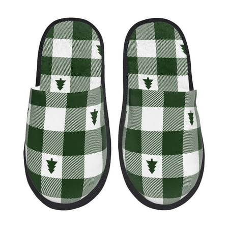 

Fuzoiu Green White Lumberjack Plaid Print Unisex Furry Slippers Plush Indoor Shoes Trendy House Slippers Anti-Skid EVA Sole House Shoes for Home Office and Travel -Large