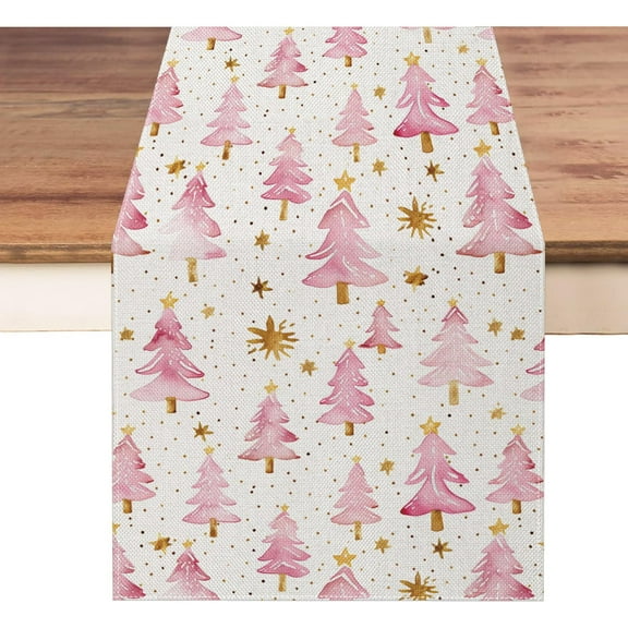 Christmas Table Runner 13x72 Inch, Pink Merry Christmas Trees Table Decors for Seasonal Winter Xmas Holiday Farmhouse Home Kitchen Dining Party