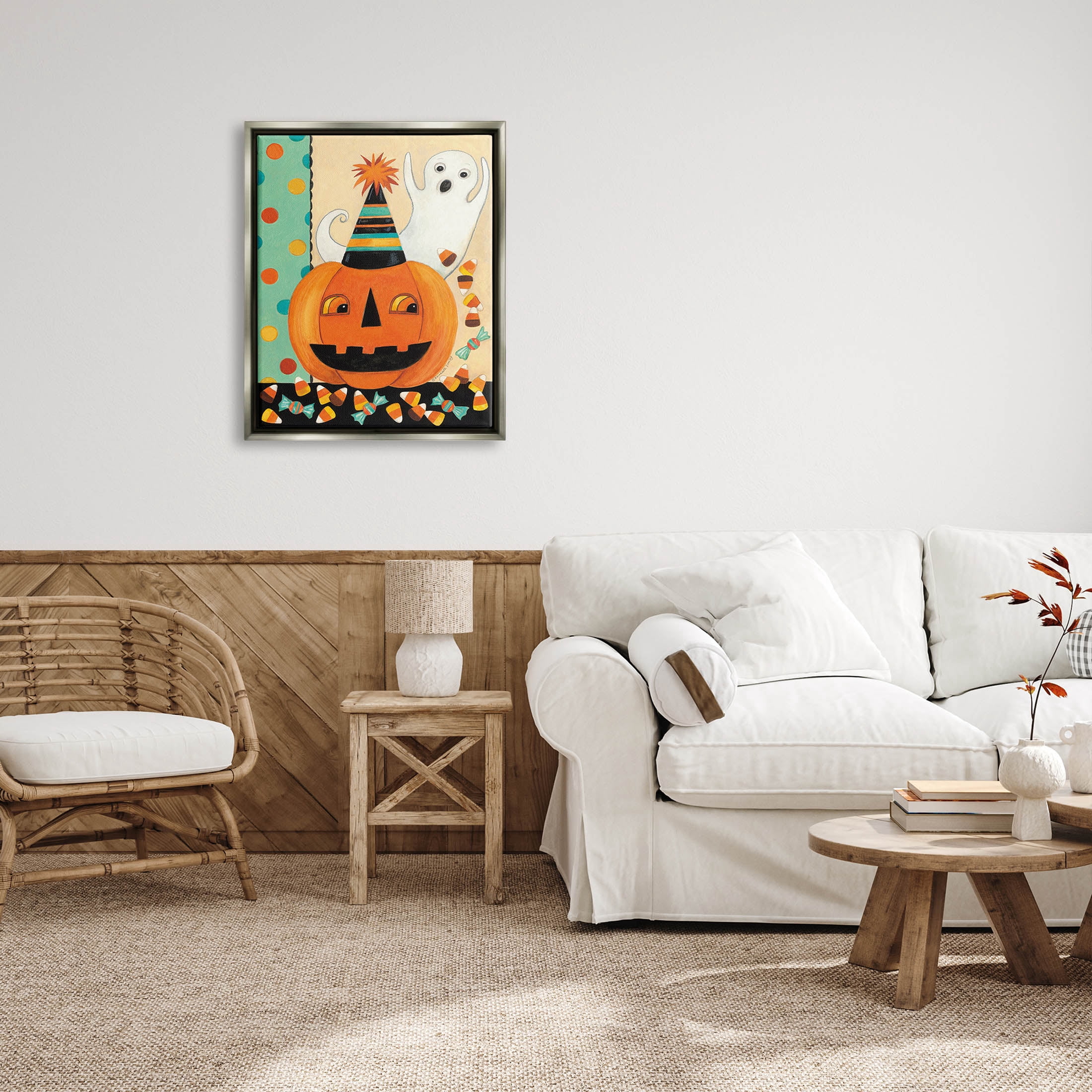 Vintage Halloween Candy Pattern Holiday Graphic Art Luster Gray Framed Art Print Wall Art