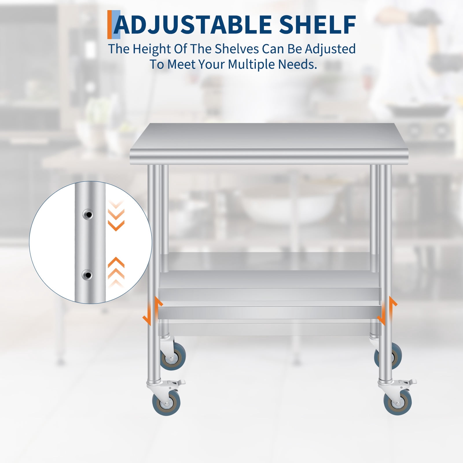 Stainless Steel Outdoor Kitchen Prep Table with Backsplash – Adjustable Undershelf, 4 Caster Wheels, Rounded Corners – Heavy Duty Storage Table for Restaurants, Hotels, Workspaces – 24 x 36 Inch