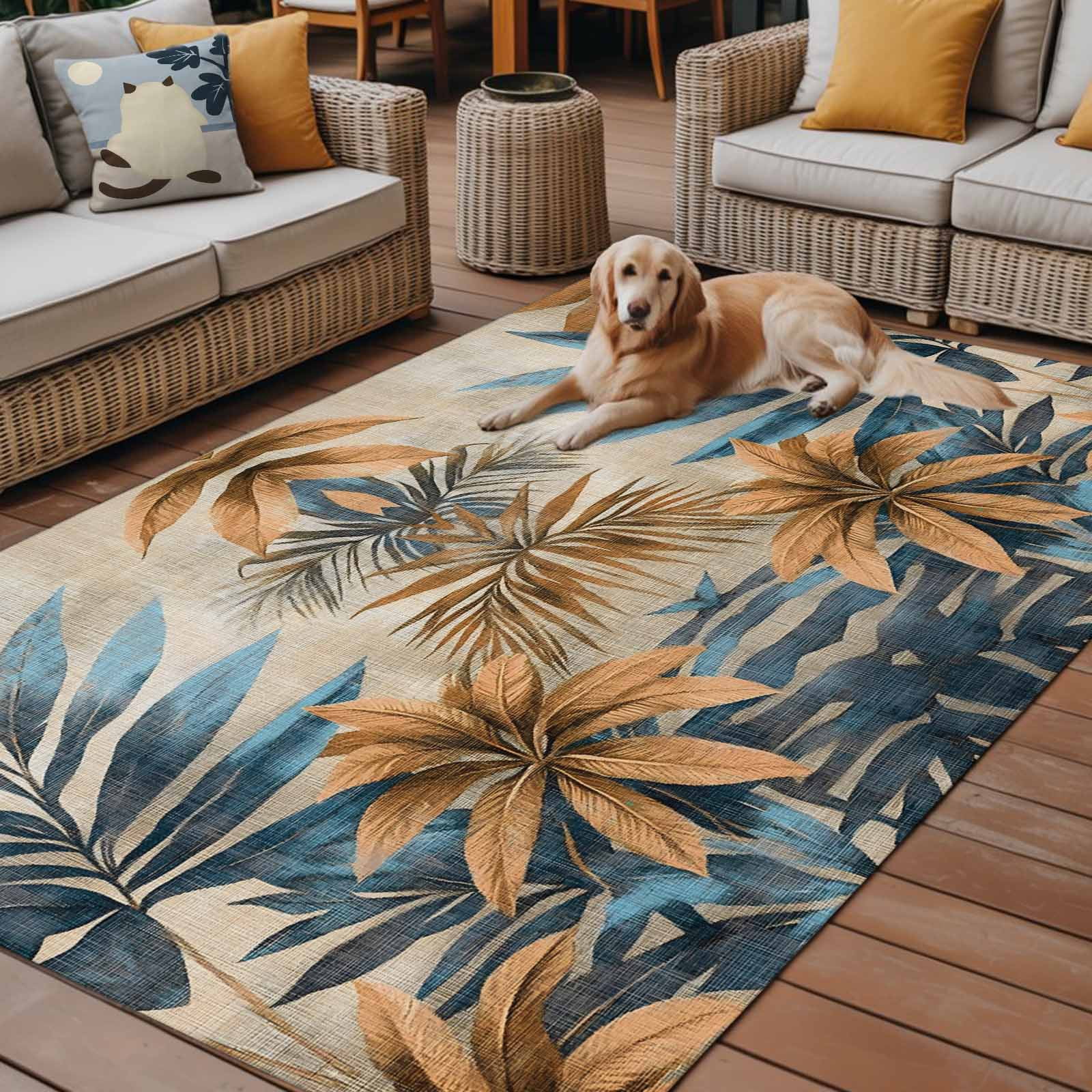 Fsddascl Navy Blue Brown Outdoor Rug for Patio/Deck/Porch, Non-Slip Large Area Rug 4 x 6 Ft, Retro Tropical Botanical Palm Leaves Indoor Outdoor Rugs Washable Area Rugs, Camping Rug Carpet
