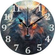 SKYSONIC Wolf Fire Eyes Wall Clock Round Vintage Silent Non Ticking Battery Operated Accurate Arabic Numerals Design for Home Kitchen Living Room Bedroom 10 Inch