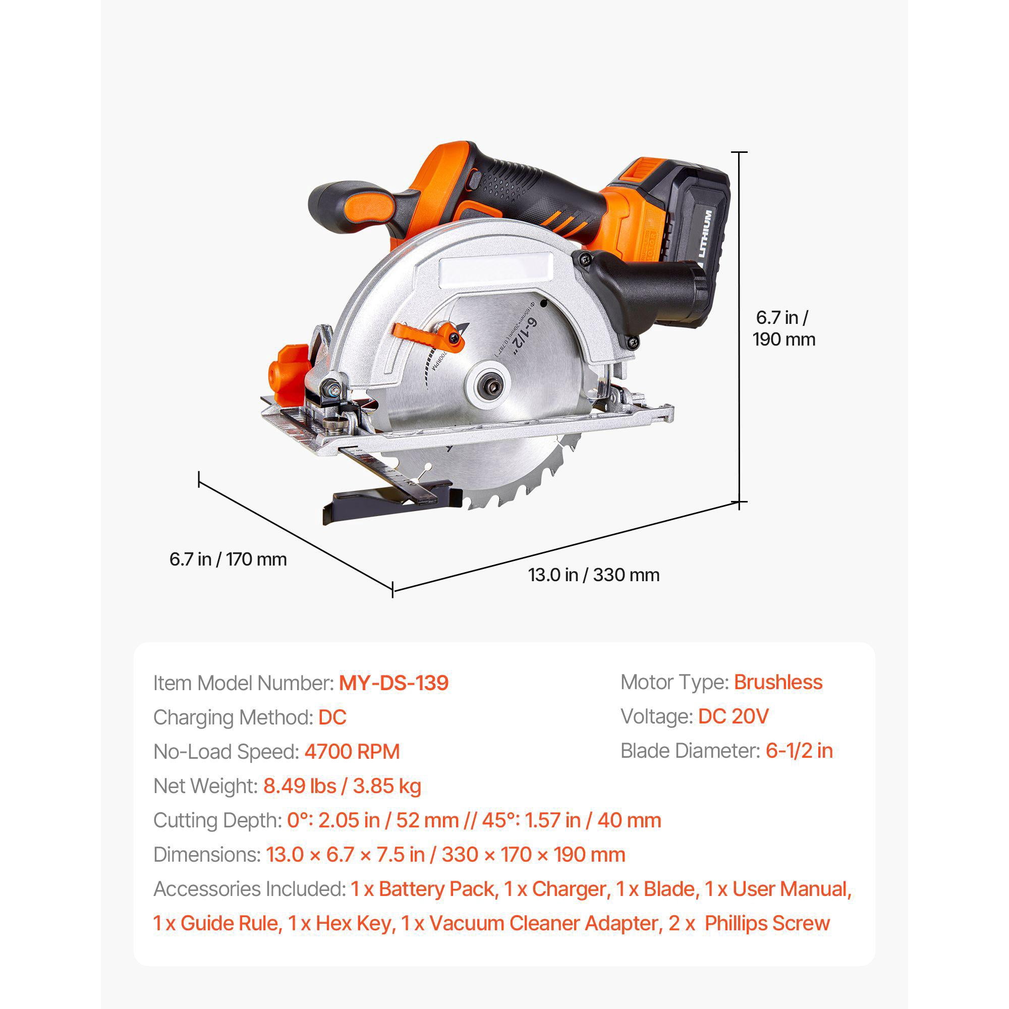 Cordless Circular Saw 6.5 Inch 4700 RPM Brushless Motor 0-45 Degree Mitering LED Light Wood Cutting Kit with Battery and Charger