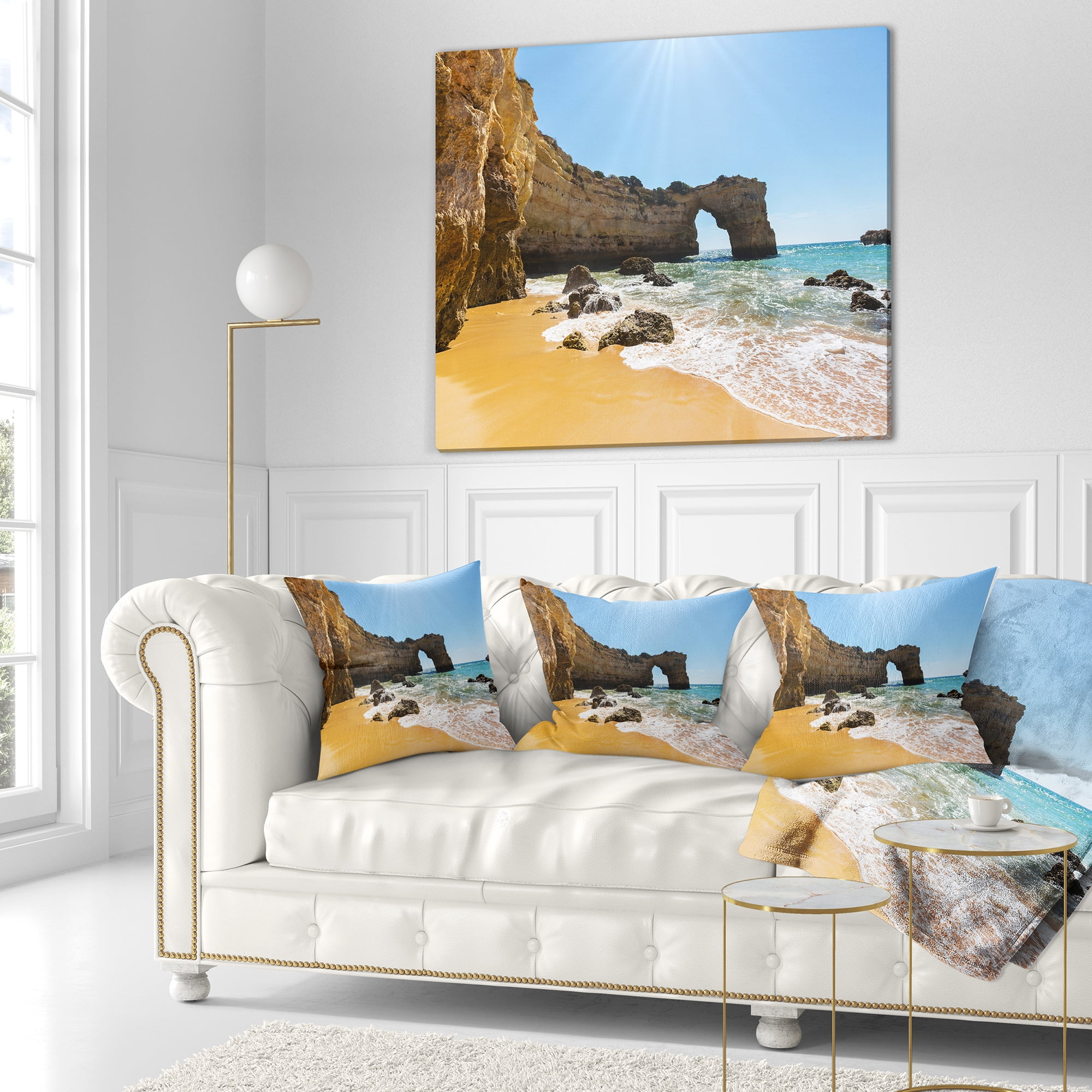 Designart Wide Portugal Beach with White Waters - Modern Beach Throw Pillow - 18x18