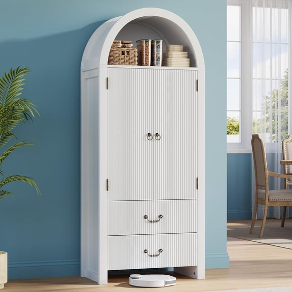 FURSUN 71" Arched Storage Cabinet with Fluted Doors, Tall Wood Pantry Cabinet with Drawers & Adjustable Shelves, Modern Coffee Bar Cabinet, White