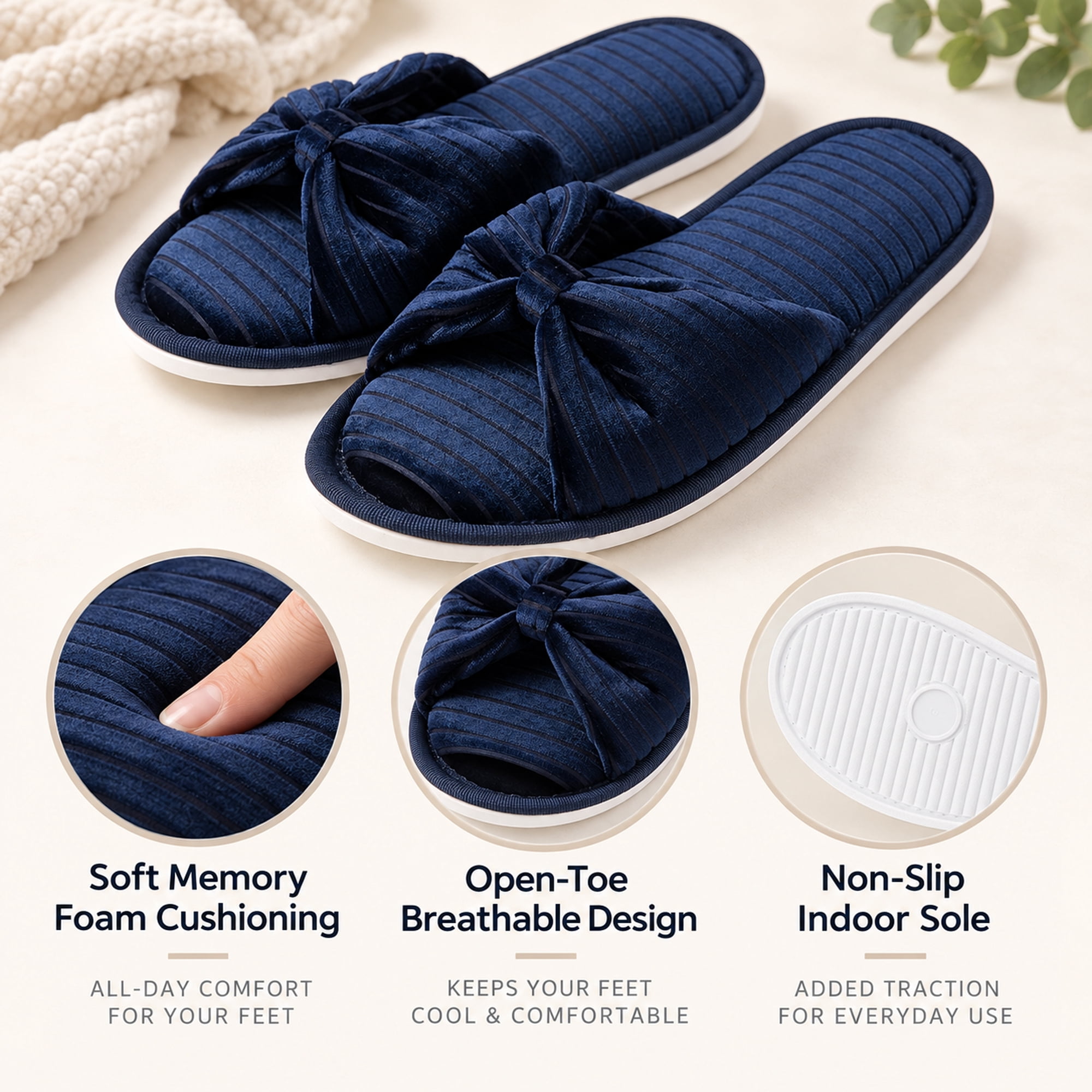 Women’s Memory Foam Open Toe Slide Slippers with Bow, Soft Cushioned Indoor House Shoes, Non-Slip Sole