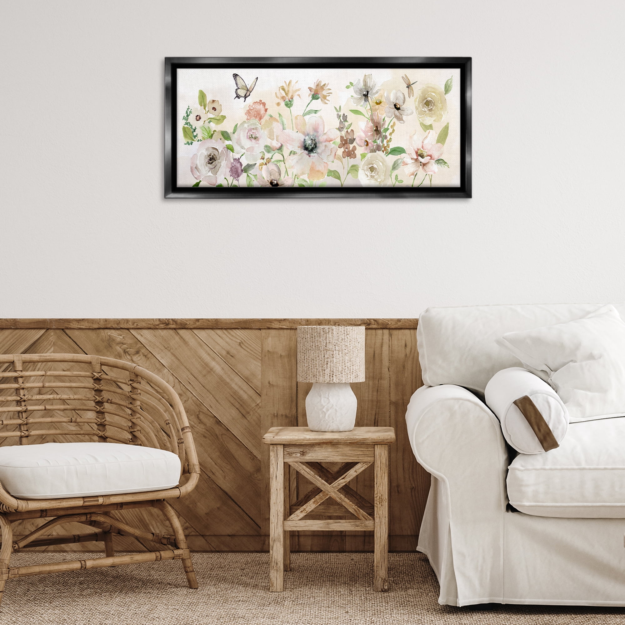 Stupell Industries Fluttering Insects & Florals Plants & Flowers Painting Black Floater Framed Canvas Art Print Wall Art, 31 x 14