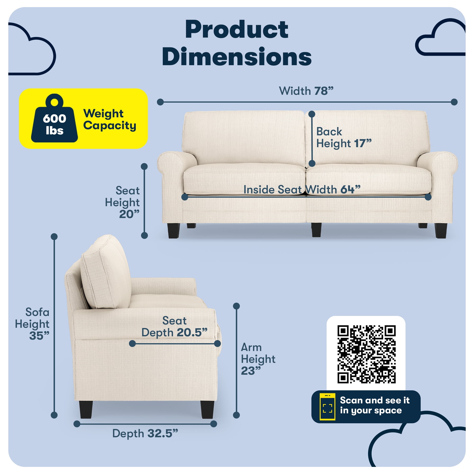 Serta Copenhagen 78" Rolled Arm Sofa, Easy Care Polyester, Loveseat or Couch for Small Spaces, Buckwheat Beige