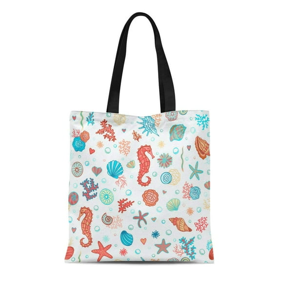 NUDECOR Canvas Bag Resuable Tote Grocery Shopping Bags Red Seahorse Underwater Summer Sea Colorful Beach Beautiful Cockle Cockleshell Tote Bag