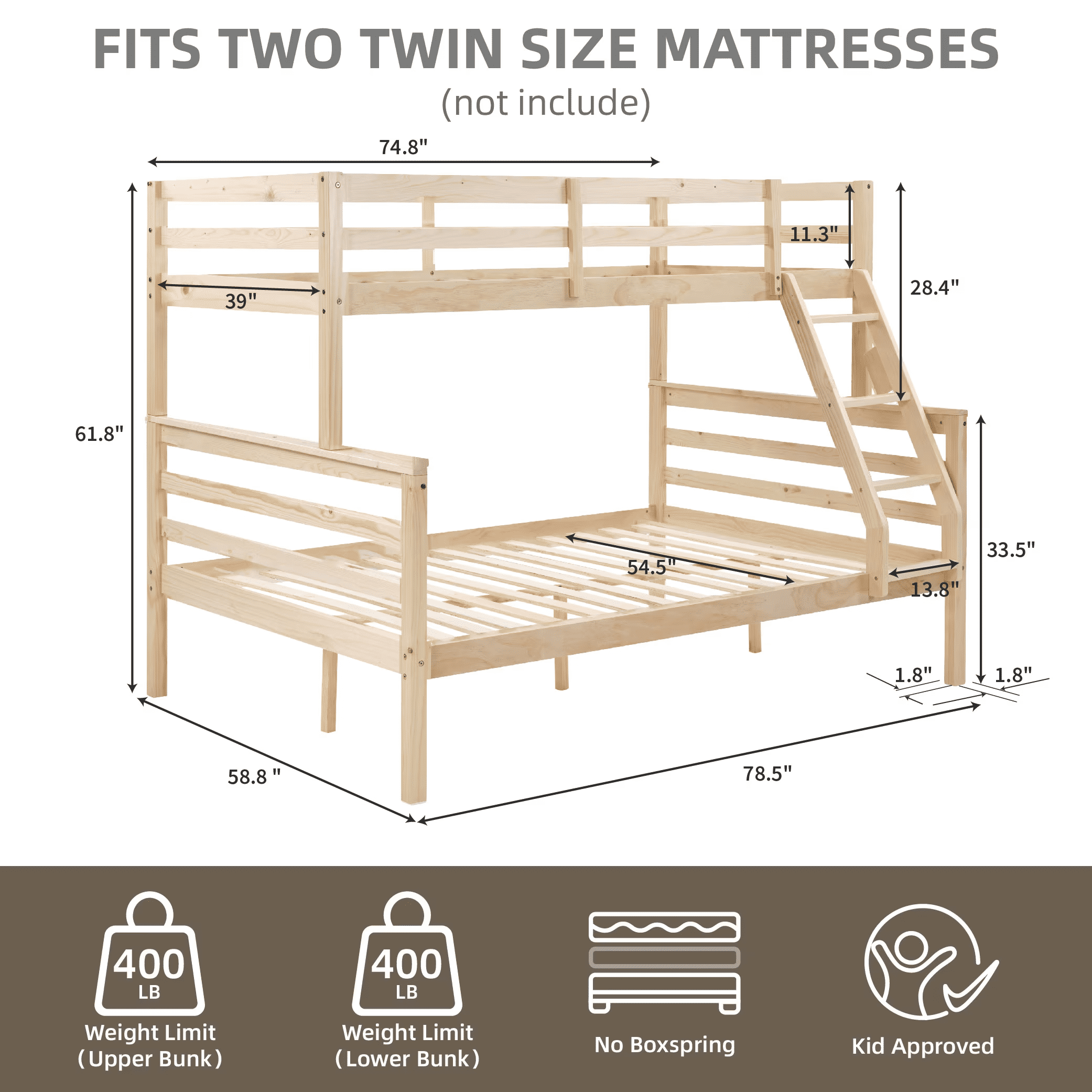 MAYEERTY Twin over Full Bunk Bed with Ladder, Wooden Bed Frame with High Guardrail and Ladder for Kids, No Box Spring Needed, Natural