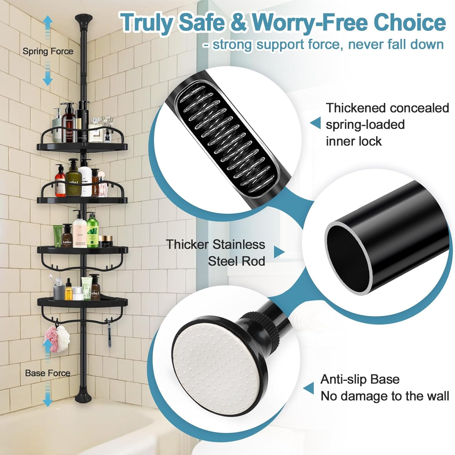 Shower Caddy Corner, No Drilling Rustproof Bathtub Shower Storage Organizer for Bathroom,4-Tier Adjustable Shelves with Tension Pole, Black