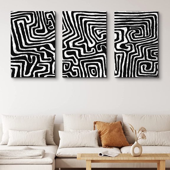 PixonSign Canvas Print Wall Art Set Maze Inspired Line Pattern Geometric Shapes Illustrations Modern Art Contemporary Edgy Dark Black and White for Living Room, Bedroom, Office - 24"x36"x3