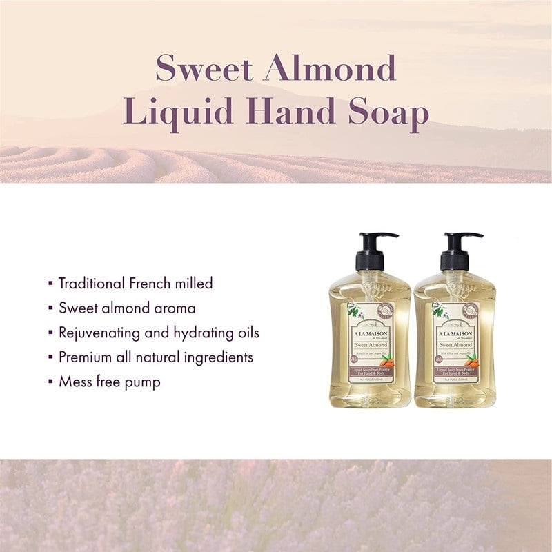 A LA MAISON Sweet Almond Liquid Hand Soap - Triple French Milled Natural Moisturizing Soap (2 Pack, 16.9 oz Bottle)