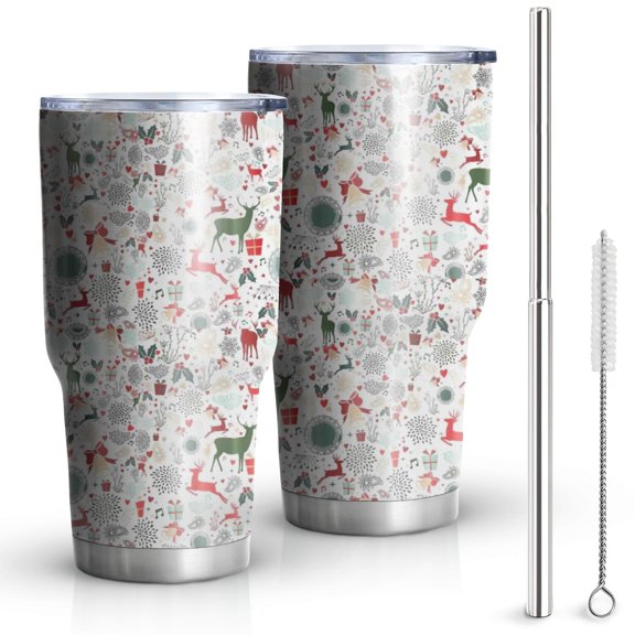 30oz White Christmas Deer and Gift Pattern Tumblers Stainless Steel Tumbler with Lid and Straw,Vacuum Insulated Double Wall Travel Tumbler Cups Mug with Cleaning Brush for Coffee,Tea
