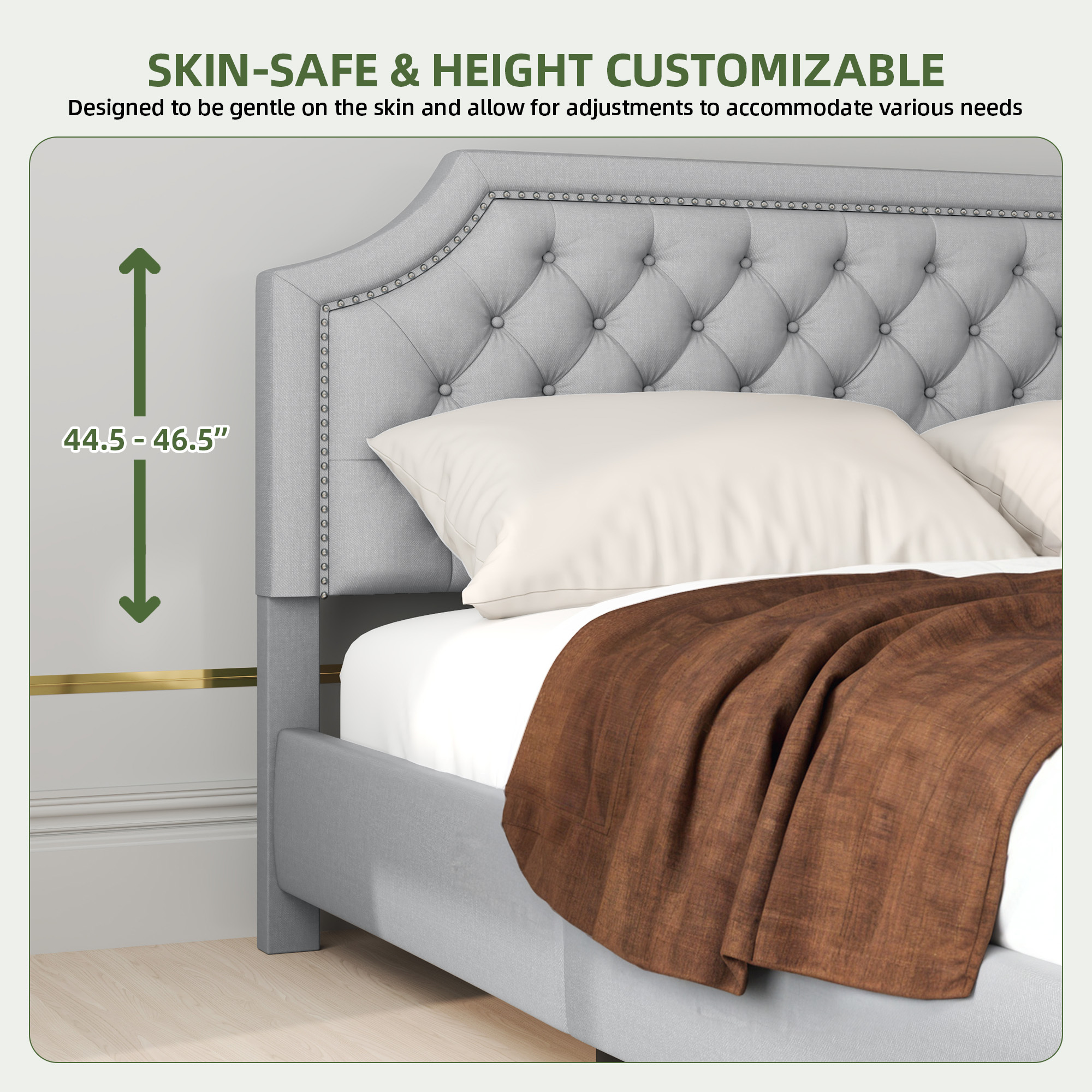 Uforic Queen Size Bed Frame with Adjustable Headboard, Upholstered Tufted Platform Bed Frame, Gray