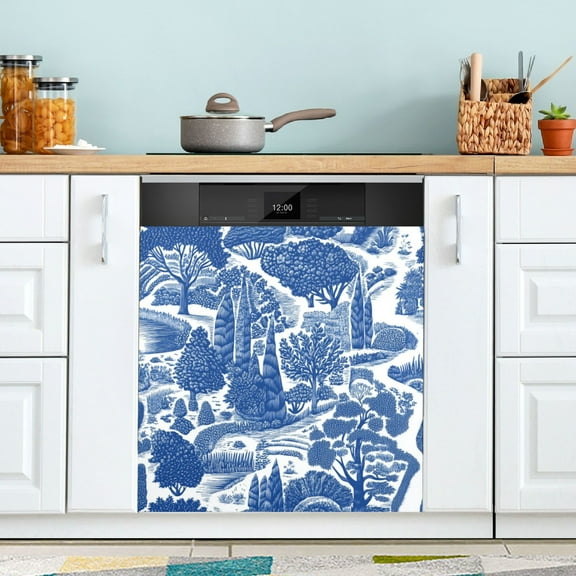 Yayeee Magnetic Dishwasher Cover for The Front Decoration Home Kitchen Machine Sticker Protector, Blue Garden Pattern
