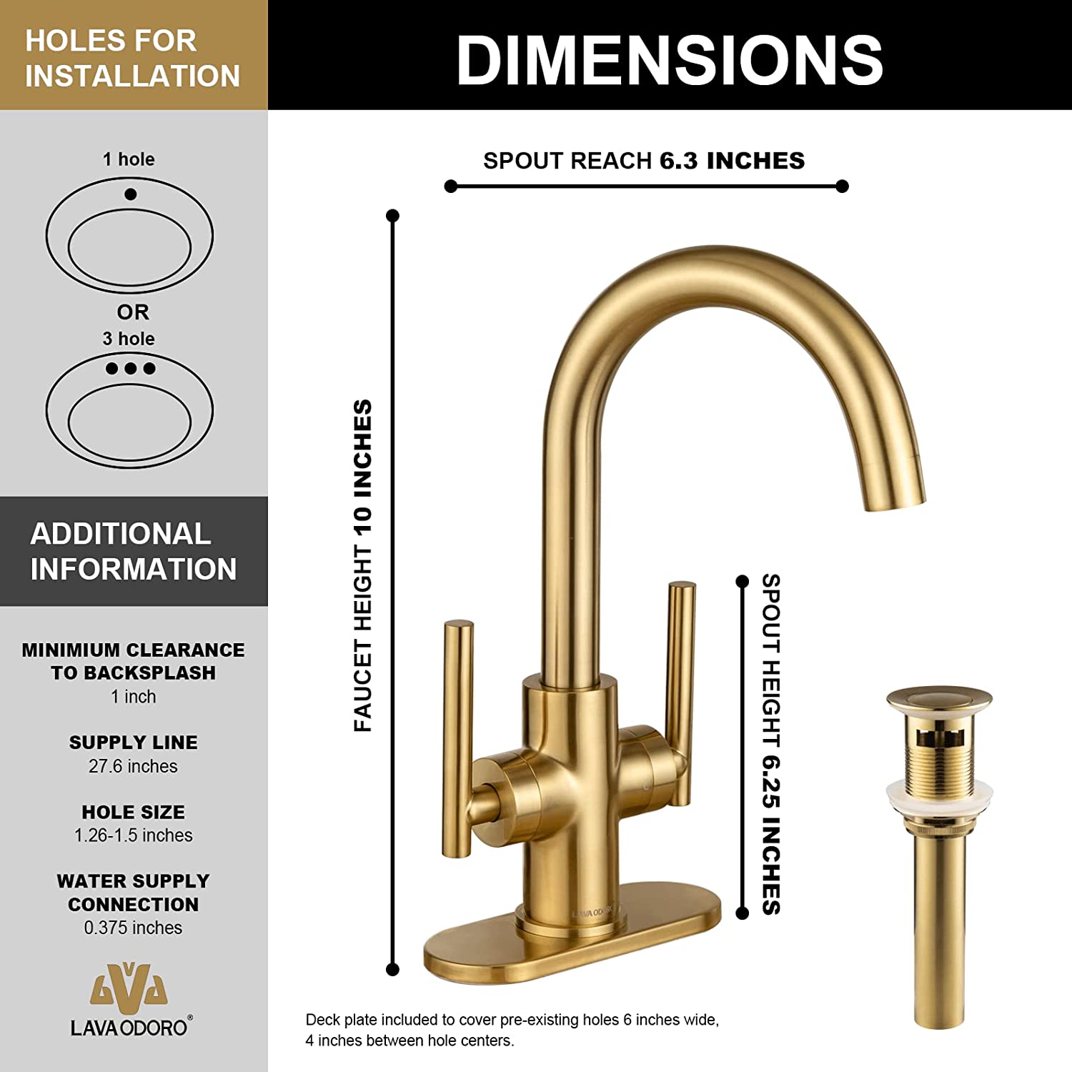 紫③ BWE Brushed Gold Bathroom Faucet Single Hole Brass Single Handle  Bathroom Sink Faucet with Pop Up Drain Assembly and inch Deck Plate 
