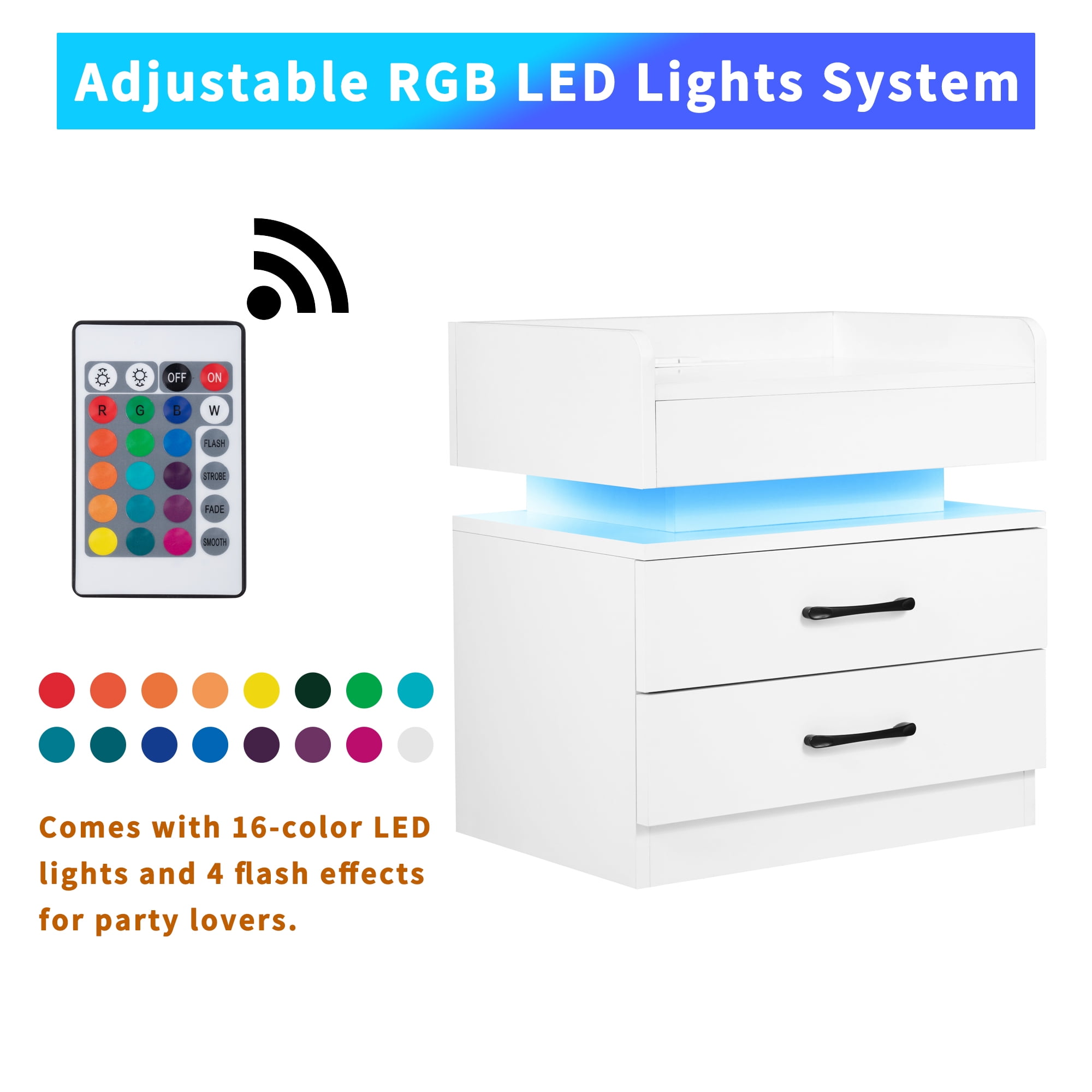 Resenkos Wireless Charging Nightstand with 2 Drawers and Remote Control LED Light, White Resenkos Wireless Charging Nightstand with 2 Drawers and Remote Control LED Light, White