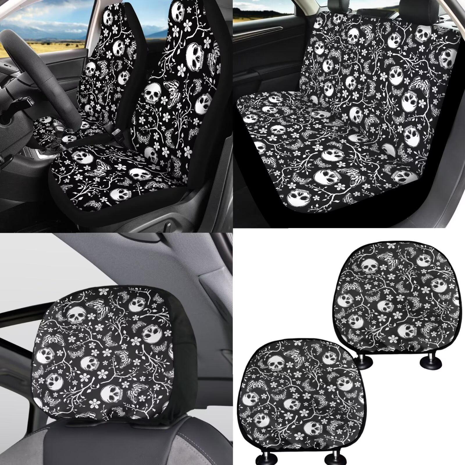 FKELYI Vintage Floral Skull Print Auto Seat Covers Full Set with Steering Wheel Cover Shoulder Seatbelt Pad Armrest Pad Cup Coasters Head Rest Protector Gear Shift Knob Sleeve for Most Sedan