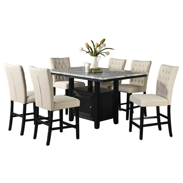 Faux White Marble Counter Height Dining Set With Wood Storage And Beige Chairs Com Faux White Marble Counter Height Dining, Counter Height Pedestal Table And Chairs