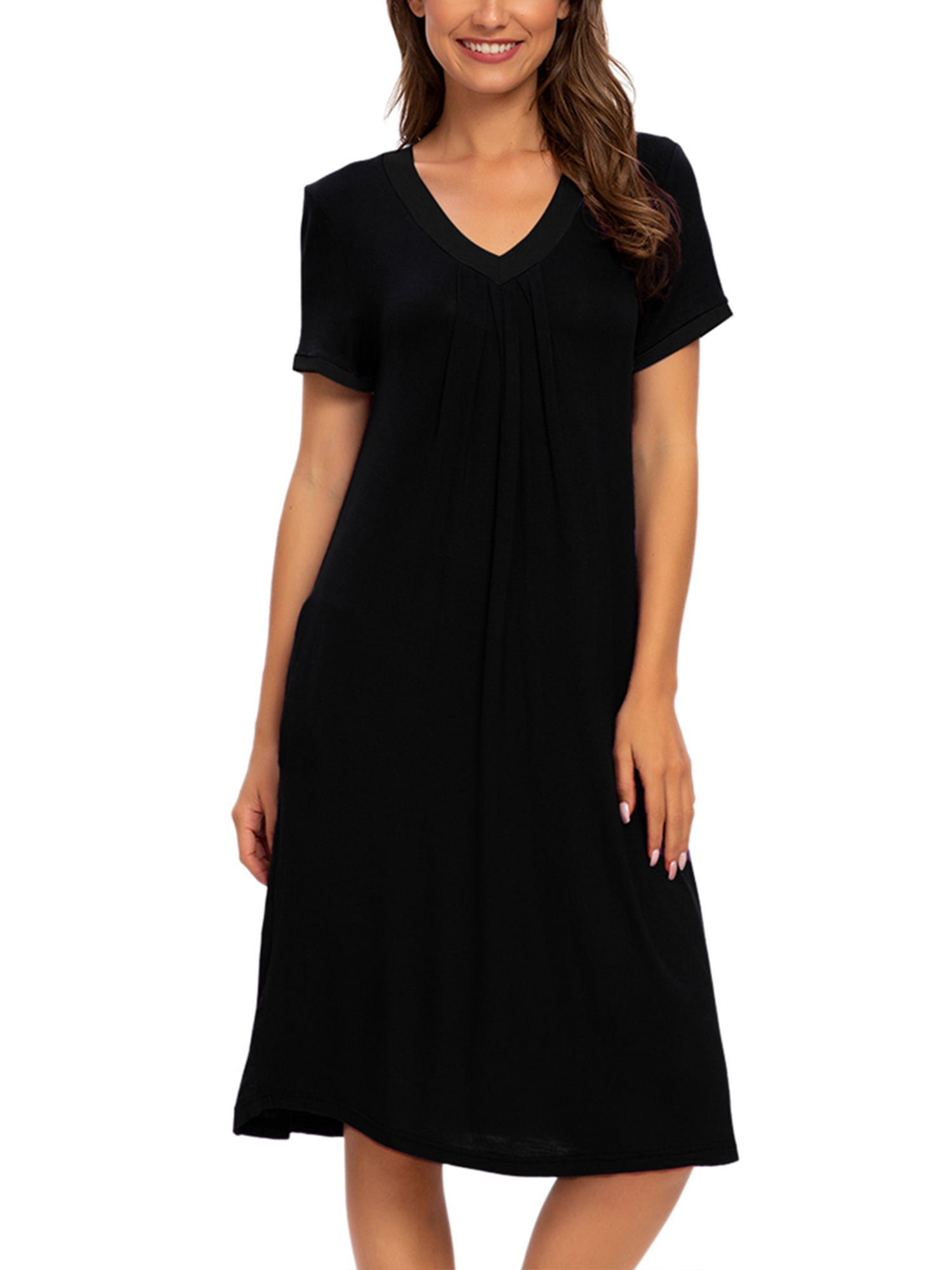 Unique Bargains Women's Pajama V-Neck Nightshirt Sleepwear with Pockets Lounge Nightgown