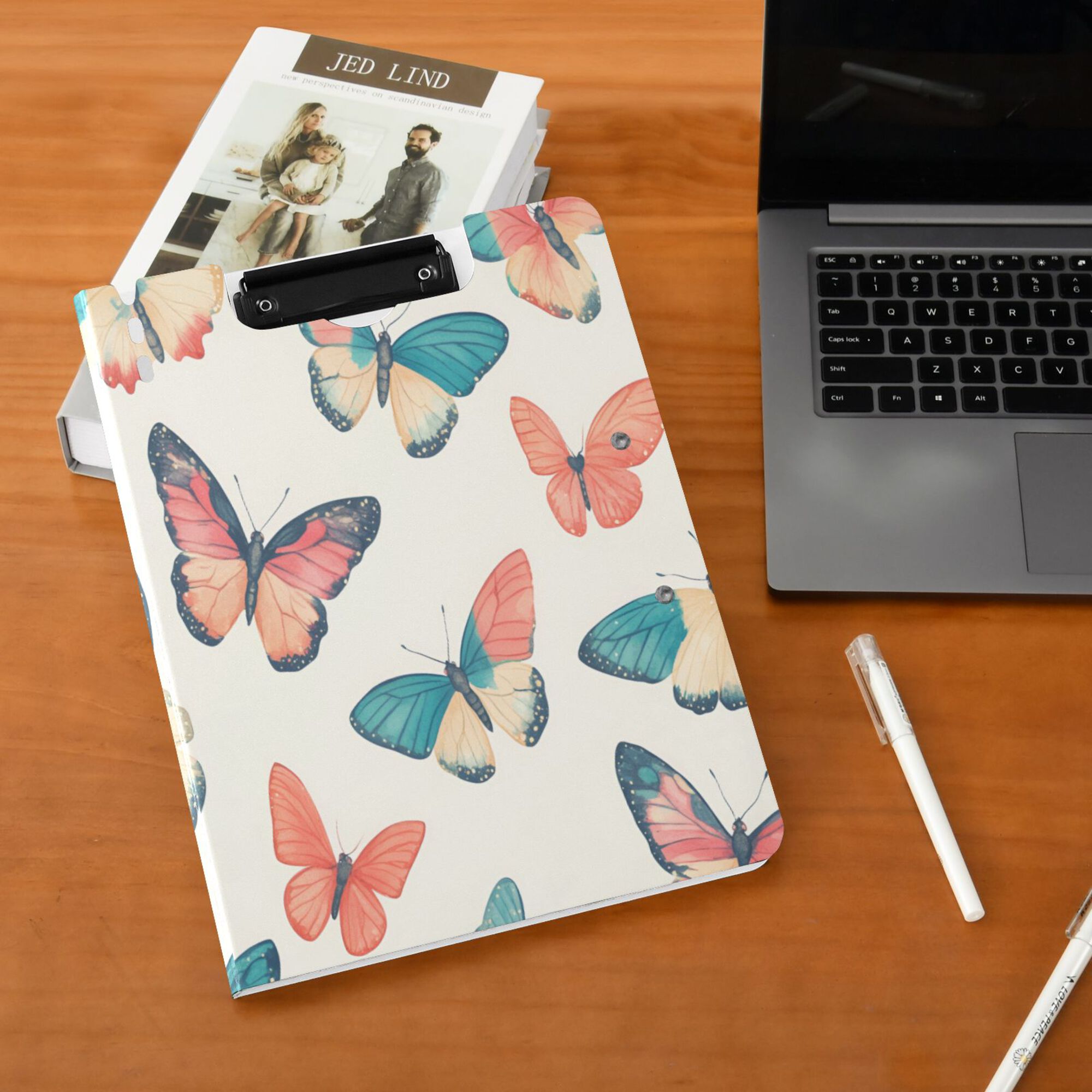 FORMRS A4 Clipboard Folder with Pen Holder Horizontal Foldable School Office Binder, Colorful Butterflies