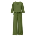 thumbnail image 4 of Guluxicc 2 Piece Women's Matching Sets Linen V Neck 3/4 Sleeve Top Drawstring Elastic Waist Wide Leg Pants Outfits With Pockets for Spring and Summer, 4 of 5