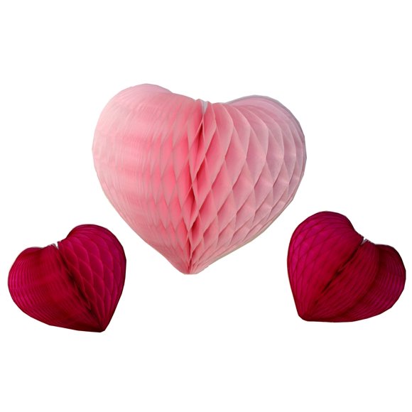 Ensemble de 3 Décorations en Papier Nid d'Abeille Cœur de la Saint-Valentin (Rose/cerise)