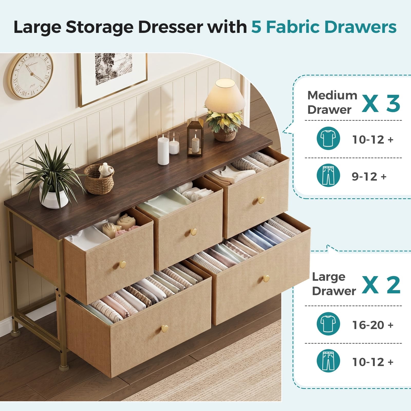Telyra 5-Drawer Fabric Dresser TV Stand Organizer with Wood Top and Metal Frame, Khaki