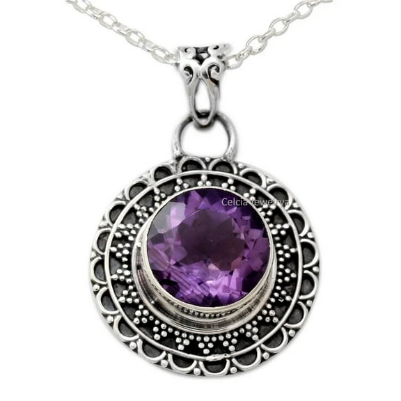 Solid 925 Sterling Silver Necklace For Women, Genuine Round Purple Amethyst Gemstone Amazing Handcrafted February Birthstone Necklace