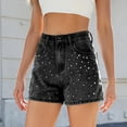 thumbnail image 4 of Hvot&aat Women's Rhinestone Denim Shorts High Waist Stretch Shorts Button Zipper Pocket Jeans Shorts Straight Fit Shorts, 4 of 6